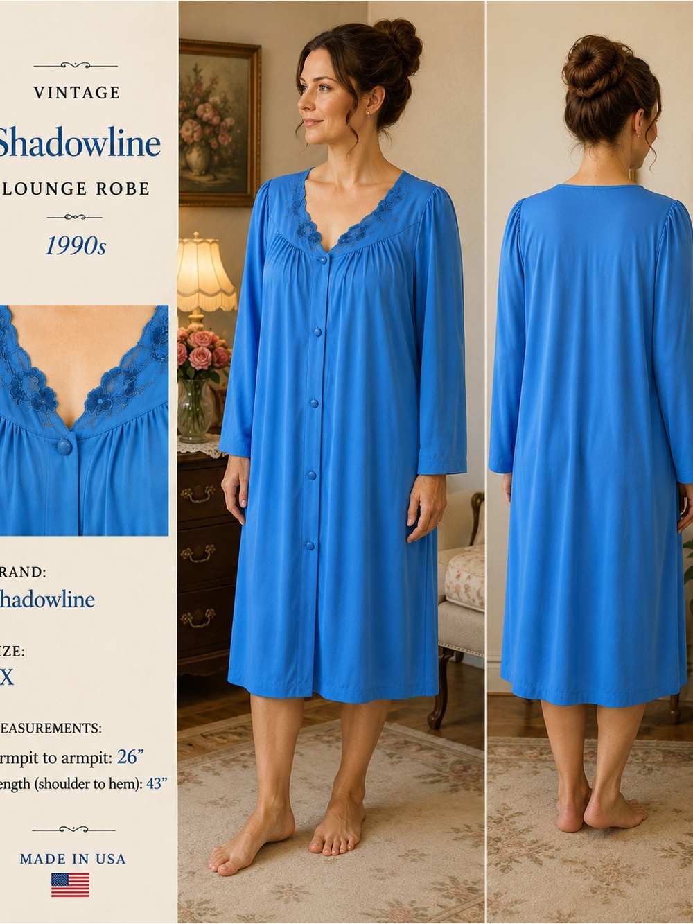 Vintage Shadowline Cobalt Blue Nylon Housecoat Robe 2X USA